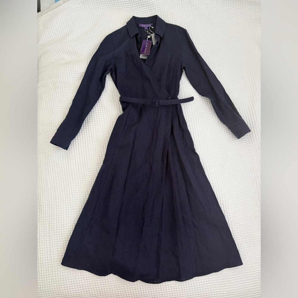 NWT Ralph Lauren Collection Aniyah Belted Linen Midi Wrap Dress Size 4 Navy - Picture 13 of 15